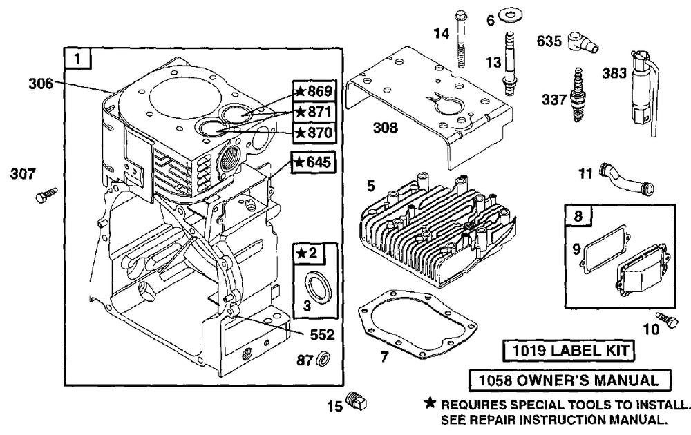 Cylinder, Head Diagram and Parts List for 222412-0110-XX  Briggs and Stratton Engine